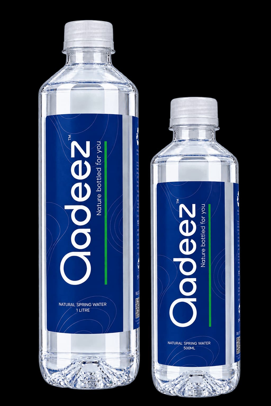 Aadeez natural spring water in 500 mL and 1 L bottles.