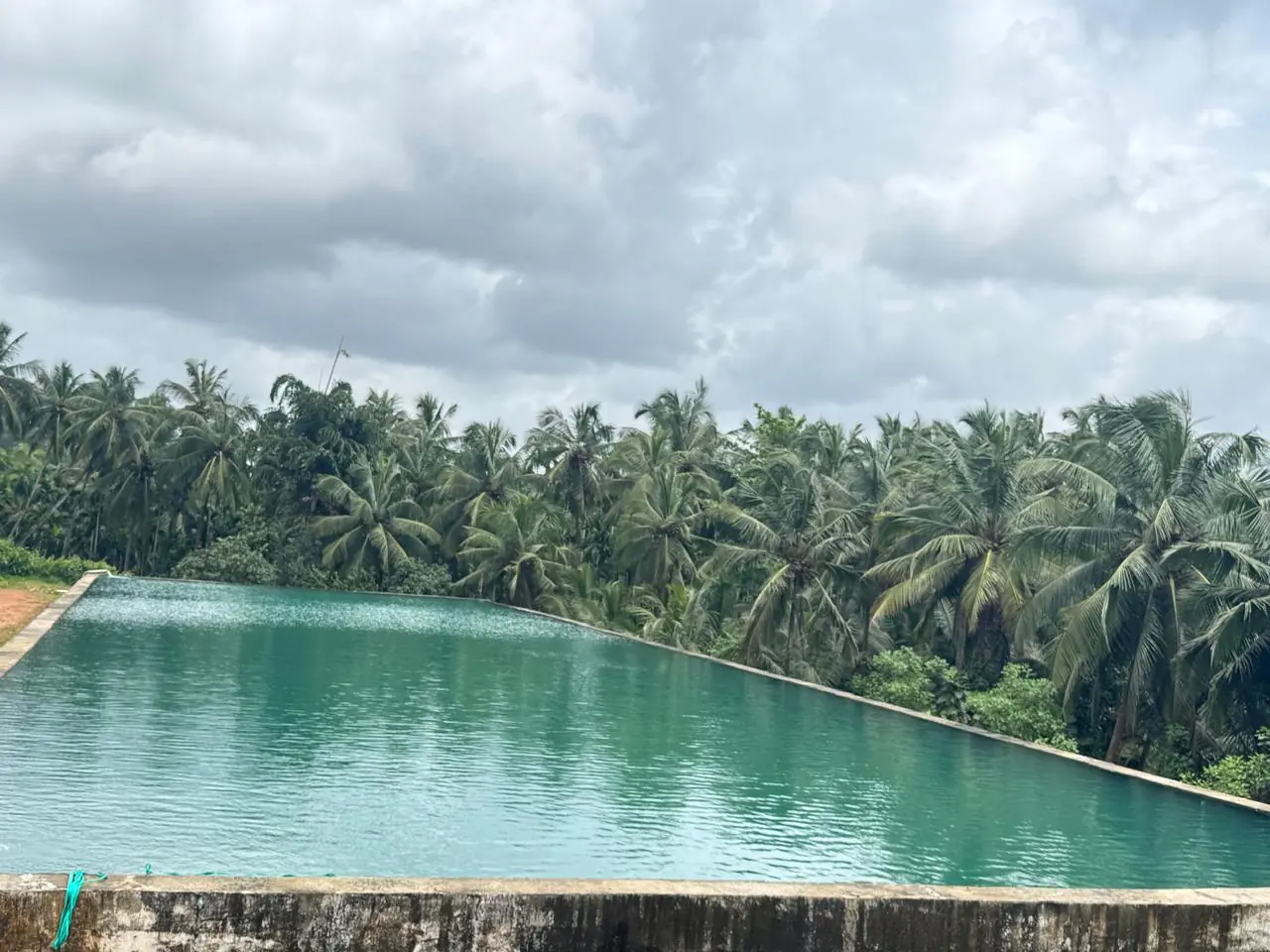 Heavy monsoon cloud over the reservoir at Kudukoli, coconut palms along the far bank.