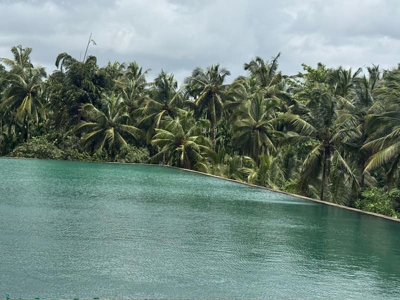 The reservoir at Kudukoli with coconut palms along the far bank under monsoon cloud.